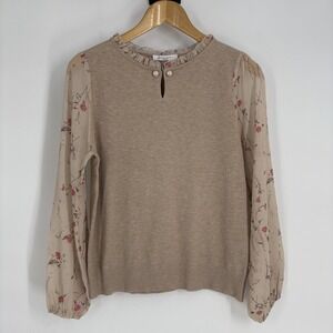 Sioni Sweater Womens Large Floral Chiffon Sleeve Pullover‎ Pearl Ruffle Detail